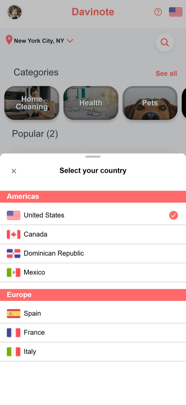 The country picker, one of four languages and the markets Davinote works in.