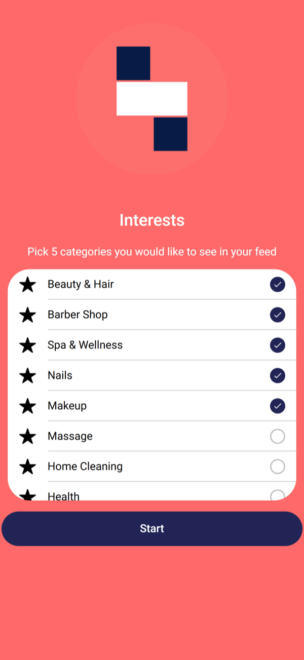 Picking five categories when you register, so the app shows you the right businesses.
