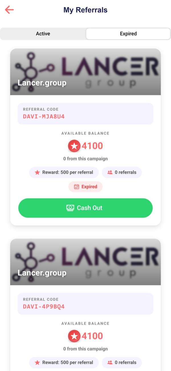 My referrals, showing the code to share and the coins available to cash out.