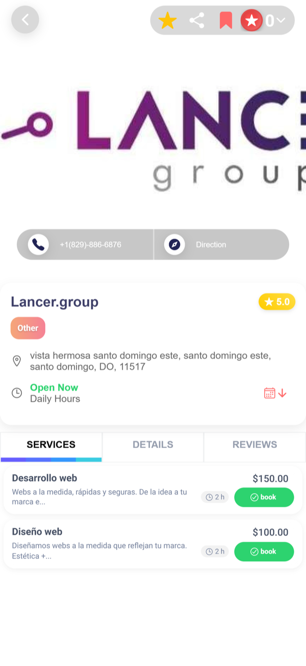 A business profile in the app, with its rating, its address, its hours and its services.