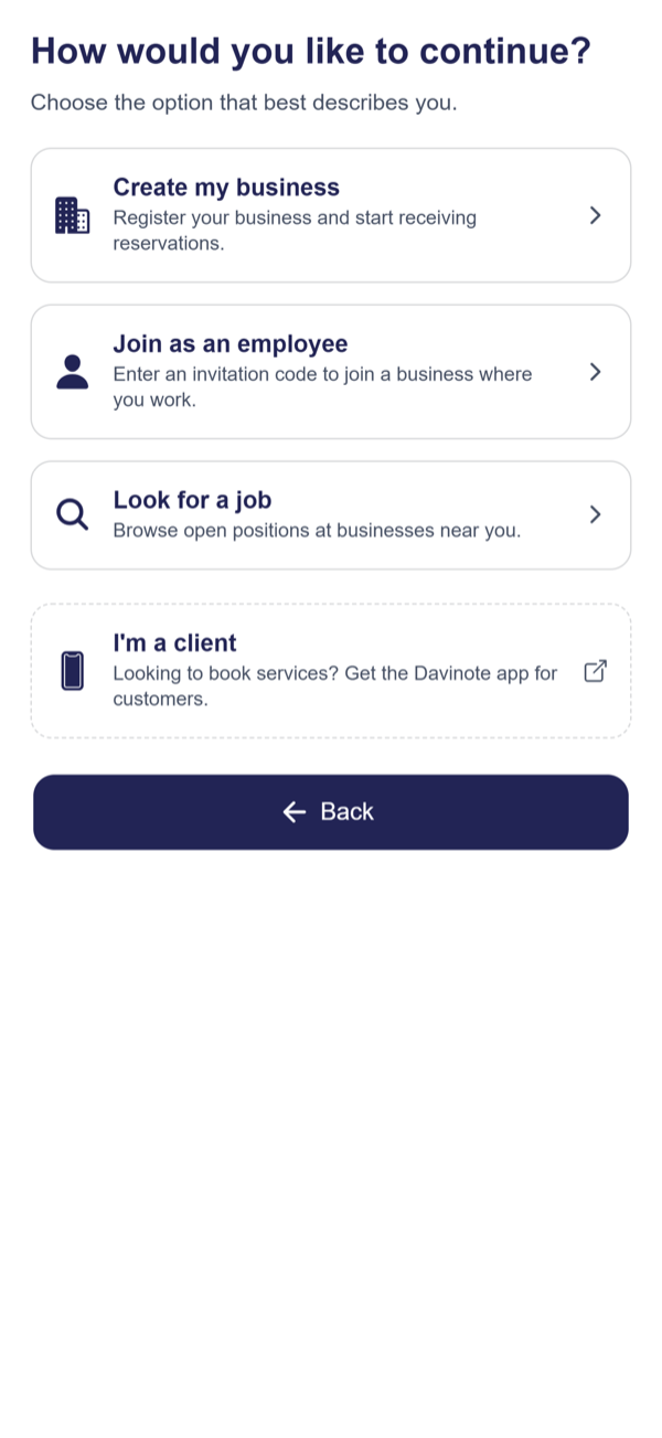 The first question the partner app asks: create a business, join one, or look for a job.
