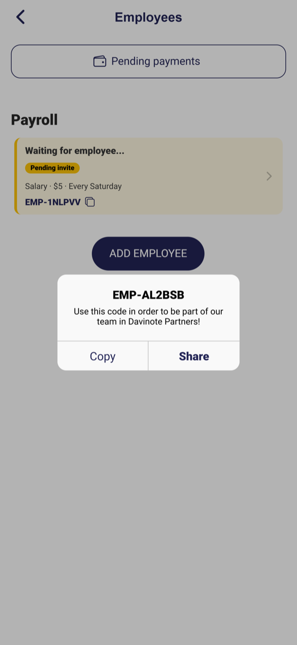 The employees screen, generating the invitation code a new member uses to join.