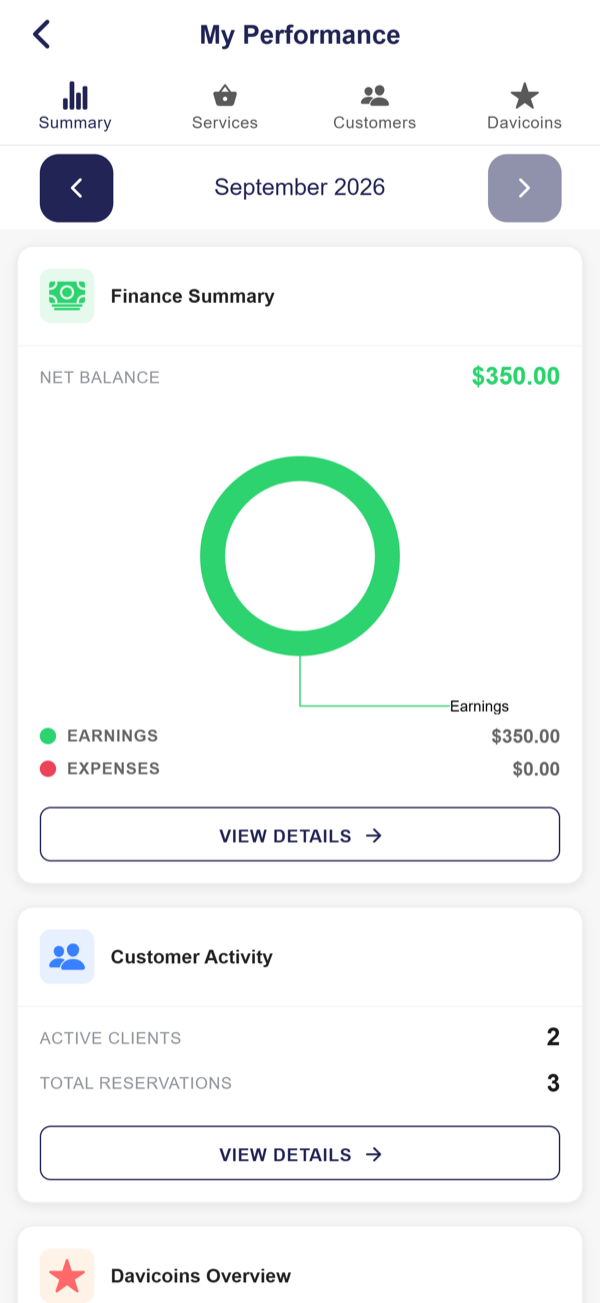 The performance summary: earnings, expenses and how many clients are active.
