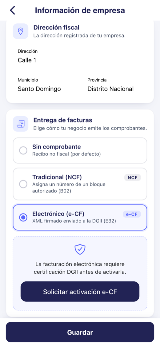 Electronic invoicing screen in Davinote Partners: choose between traditional NCF (B02) and e-CF sent to the DGII (E32).