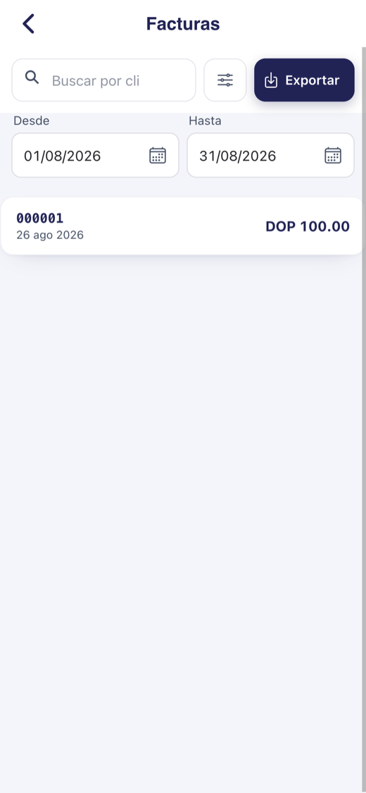 Invoice list in Davinote Partners with a date range and export of the DGII 607 sales report.