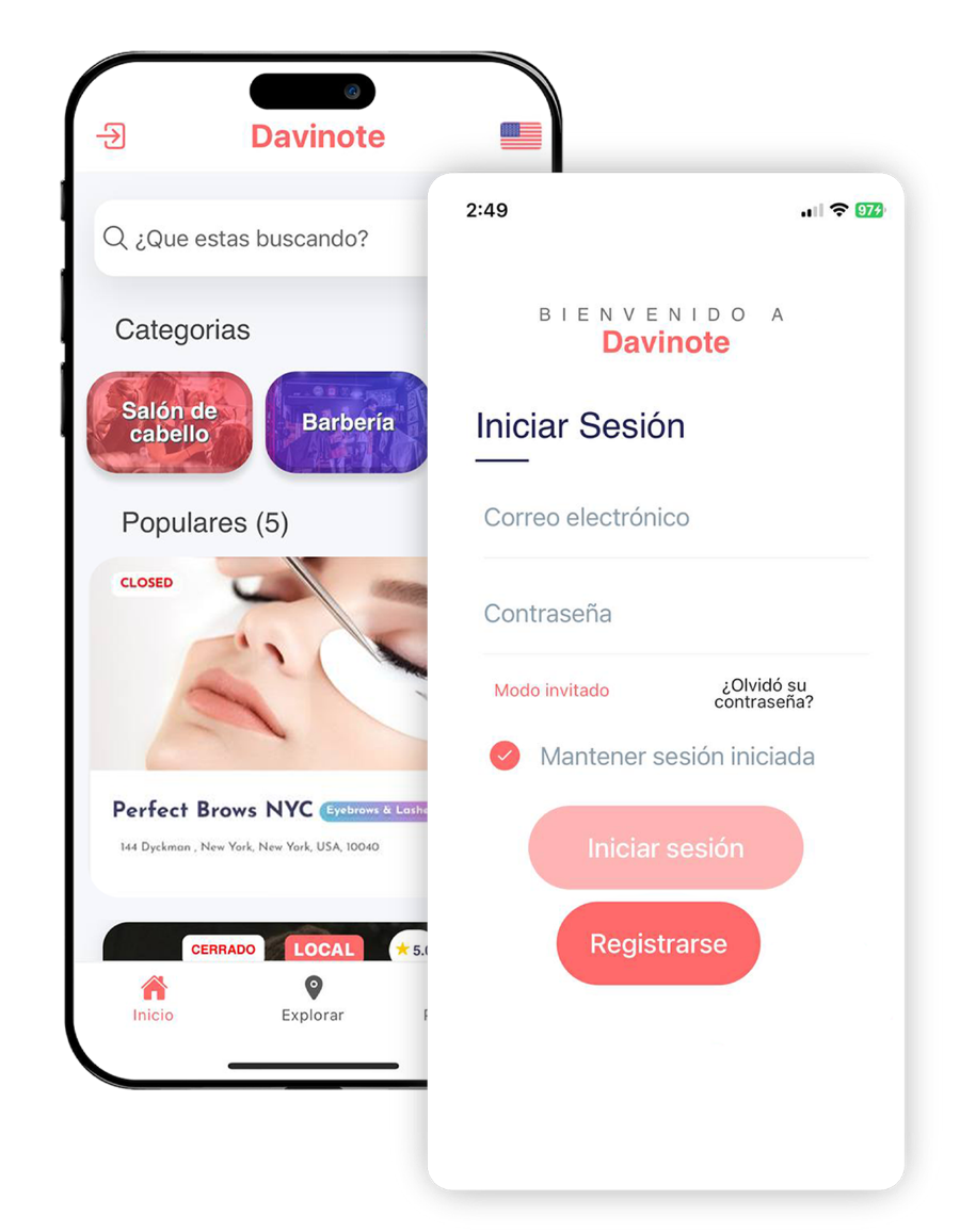 The Davinote app: home screen with categories, and sign-in
