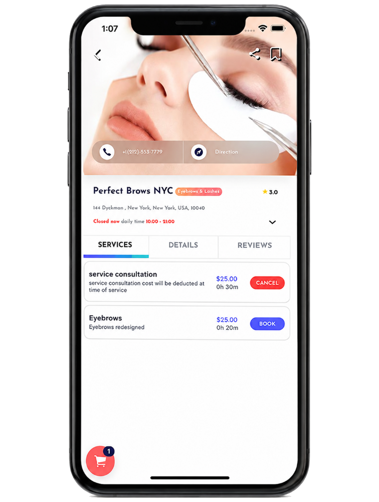 Services and booking screen in the Davinote app